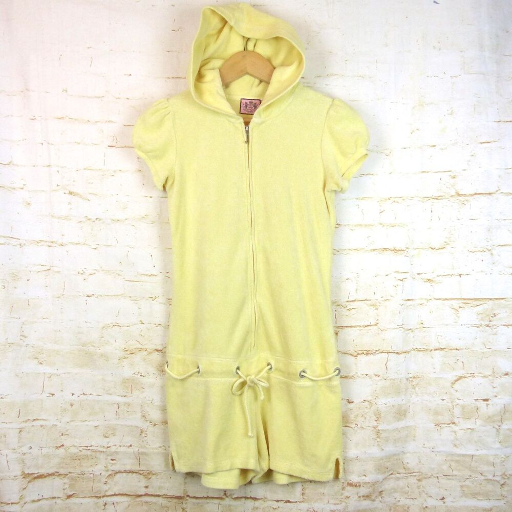 Juicy Couture Y2K Terrycloth Romper Womens S Yellow Hooded Lounge Made USA - Picture 2 of 13